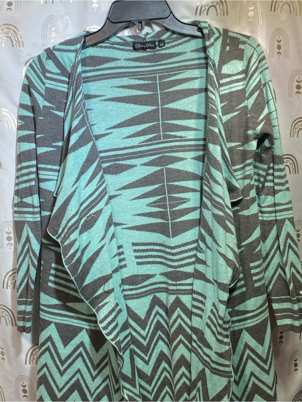 Brittany Black Aztec Open-Front Tunic Cardigan - Mint Green & Gray - Picture 4 of 11